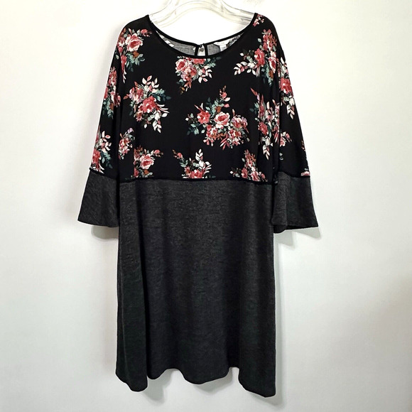 Cato Est 1946 Dress Plus 18 Knit Floral 3/4 Sleeve Boho Party Gray Fall Trendy - Picture 1 of 9
